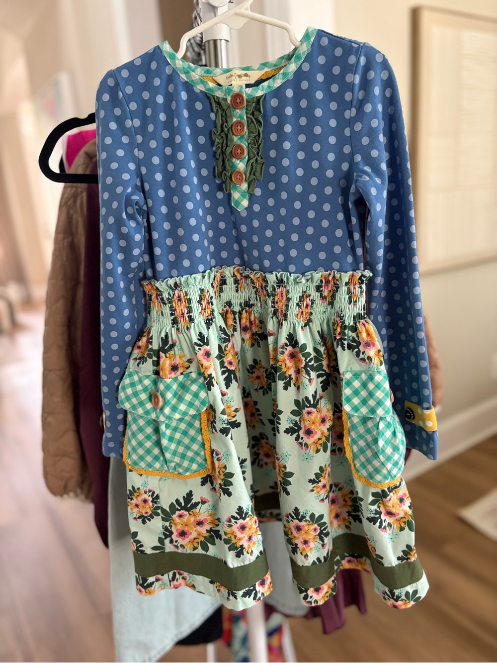 Matilda Jane with Joanna Gaines Blue Polka Dot & Mint Floral Long Sleeve Dress